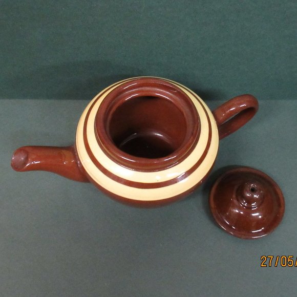 ALB Alcock, Lindley & Bloore Small Vtg Brown Betty Teapot Yellow Bands England - Picture 2 of 3